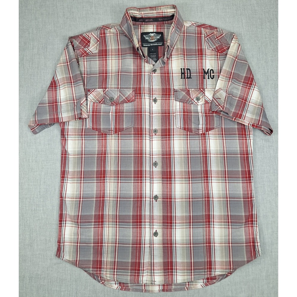 Harley Davidson Mens Large Red Plaid Short Sleeve Western Button Up Shirt